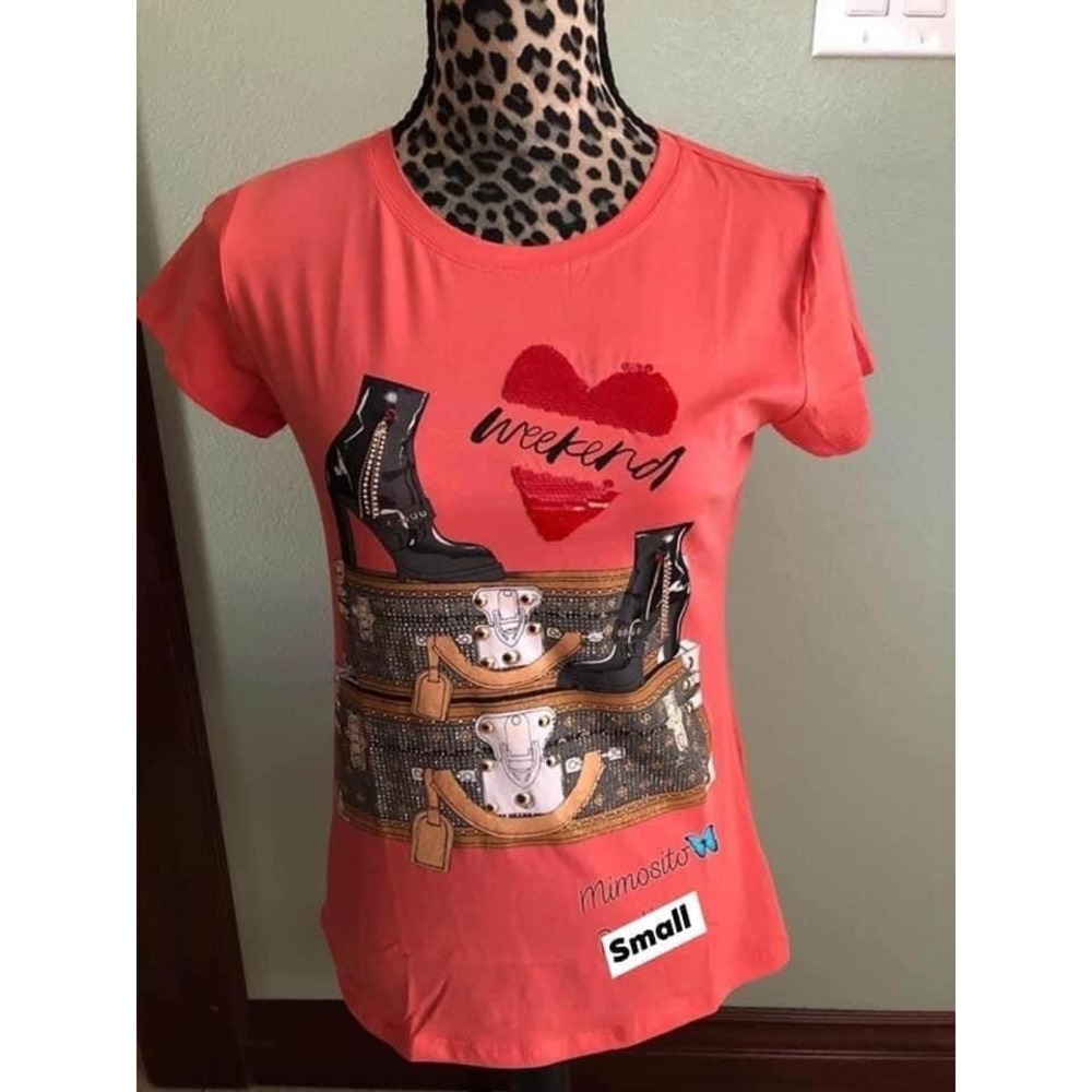 Fashion Vinizbena Rhinestones Orange  Women's   T-Shirt  Size Small   New